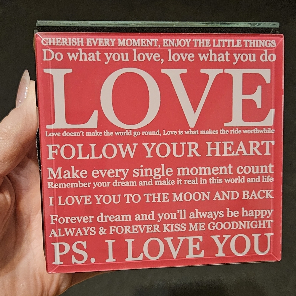 Inspirational Love Mirrored Glass Jewelry Trinket Box 4x4x2" Holiday Red